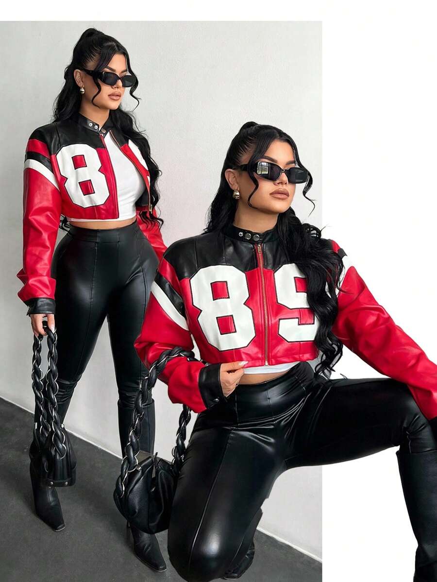 SHEIN SXY Damen Lässig Kontrast Farbige Numerisches Muster Kurze Jacke