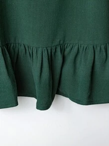 EMERY ROSE Kemeja Kasual Wanita Ukuran Besar Warna Polos Bahan Linen Nyaman Leher Bulat Lengan Raglan Hem Berkerut, Musim Gugur - Dark Green - View 5