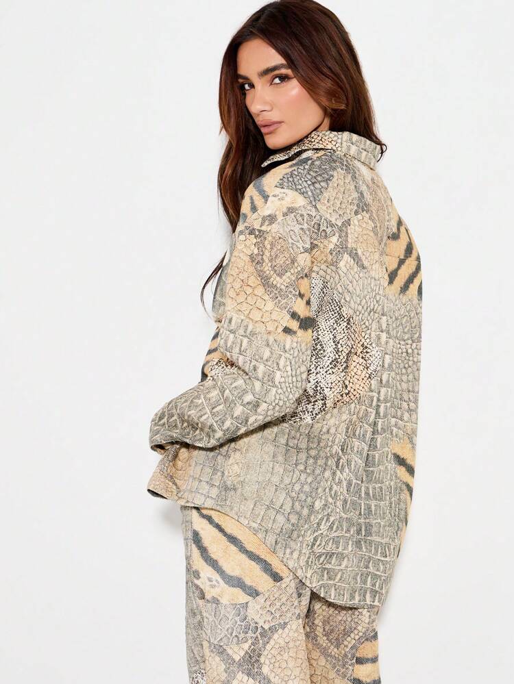 KIZN Mixed Animal Print Button Up Collared Blouse