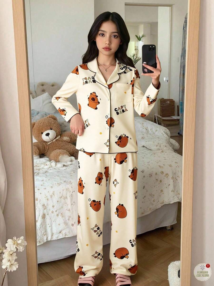SHEIN 少女可愛水豚圖案卡通動漫設計 2 件組長袖鈕扣式睡衣套裝 冬季休閒居家馬卡龍彩虹睡衣 - 彩色 - 查看 1