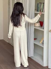 Dazy Kids 女童简约印花长袖上衣和裤子睡衣套装 - 米色 - 查看 5