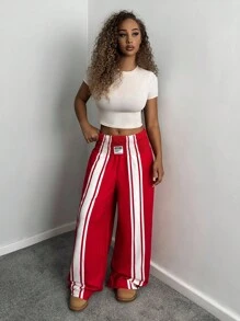 StreetHx Women's Red & White Striped Letter Graphic Loose Fit Casual Sweatpants Fall Cloth For Women - Red - View 1