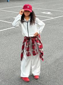 SHEIN Explorewe 2 件 Tween Girl ME 秋冬套装，宽松休闲街头插肩色块高领拉链连帽衫和阔腿裤，适合休闲、通勤、街头风格、聚会 - 白色 - 查看 3