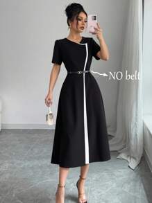 EMERY ROSE Women Contrast Color Round Neck Short Sleeve Casual Commute Dress - Black - View 1