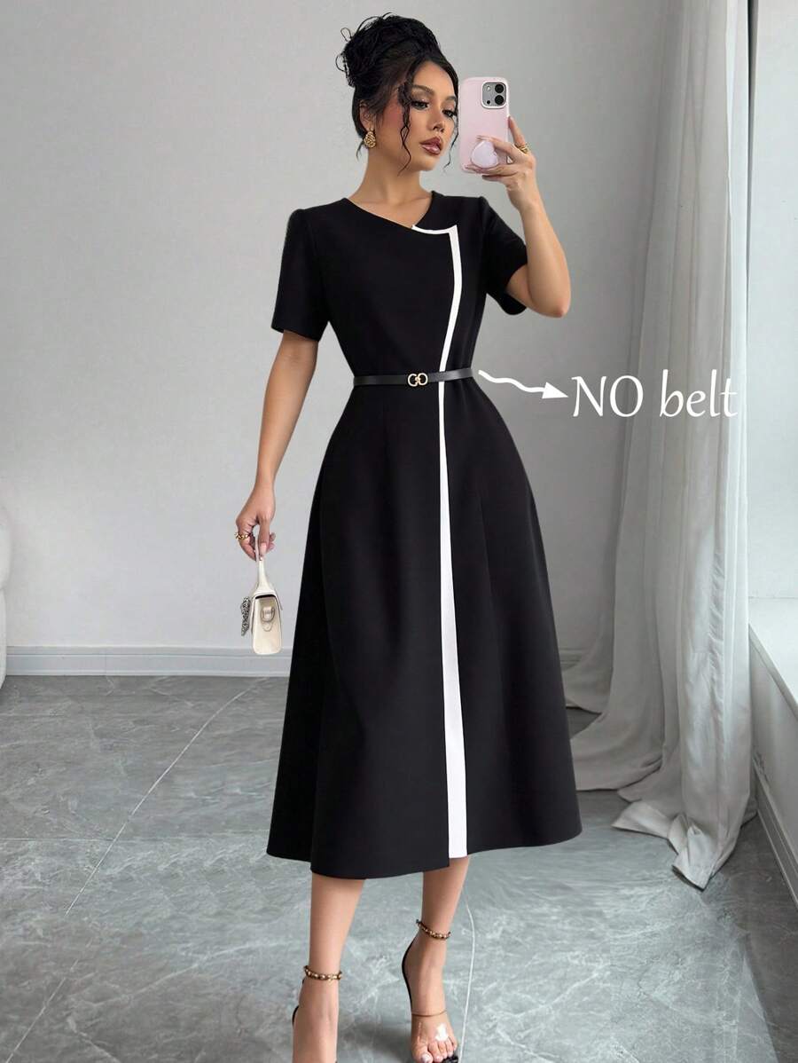 EMERY ROSE Women Contrast Color Round Neck Short Sleeve Casual Commute Dress - Black - View 1