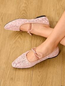 CUCCOO HITCHD Sepatu Mary Jane Jala Gaya Elegan Baru Musim Semi/Gugur 2026 dengan Dekorasi Pita, Warna Solid, Ujung Persegi, Nyaman, Kasual, dan Datar untuk Wanita - Berwarna merah muda - View 3