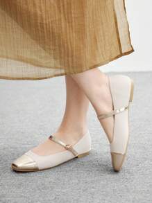 CUCCOO BIZCHIC 女式拼色方头扣带平底玛丽珍鞋 - 米色 - 查看 5