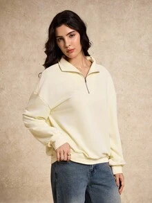 House of One Zip-Up Front Mock Neck Plain Casual Sweatshirt Women Autumn Winter Pullover For Women - Khaki - View 3