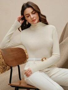 SHEIN X Jwoww Anewsta Women's Elegant Modern Solid Color 100% Wool Turtleneck Sweater - White - View 7