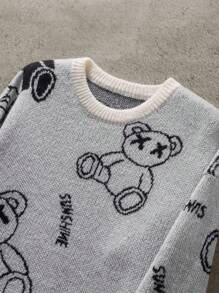 Manfinity CasualKnits 男士休闲熊图案毛衣，秋冬 - 黑與白 - 查看 4