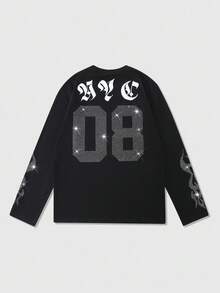ROMWE MEN Prep Men's Rhinestone Embellished Long Sleeve T-Shirt - Black - View 1