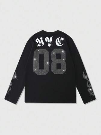 Street Life Camiseta de manga larga con adornos de rhinestone para hombre, diseño de dígito "08" oversize, de moda para salidas y reuniones casuales