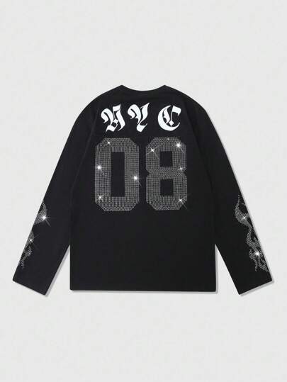 Street Life Camiseta de manga larga con adornos de rhinestone para hombre, diseño de dígito "08" oversize, de moda para salidas y reuniones casuales