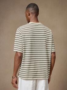 AKNOTIC Business Casual 男士休闲条纹宽松短袖圆领T恤，夏季 - 杏色 - 查看 4