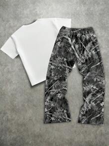 Manfinity ZONE917 Men's Loose Letter & Cartoon Character Print Short Sleeve T-Shirt And Pants Set - Grey - View 5