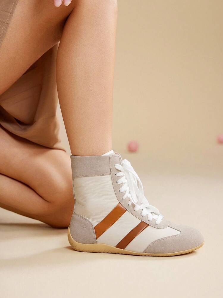 CUCCOO EASI Women's High-Top Lace-Up Round Toe Casual Sneakers, Gray & White PU Leather, Comfortable Sporty Shoes For Everyday Indoor & Outdoor Wear, Autumn/Winter