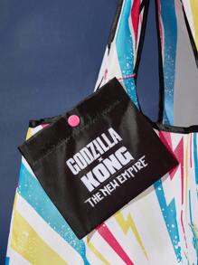 GODZILLAxKONG X SHEIN 1 件卡通图案可折叠购物袋，带小袋的手提包，配有珍珠链可挂在其他包上，适合通勤、购物、旅行，男女皆宜，轻巧便携 - 彩色 - 查看 5