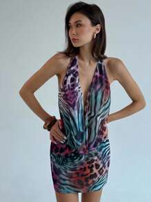 Aloruh 女式性感露背垂坠领斑马纹连衣裙 - 彩色 - 查看 2