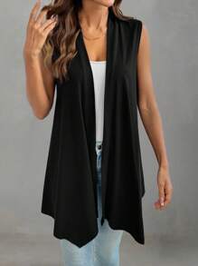 EMERY ROSE 純色不對稱下擺前開袖less上衣外套 - 黑色 - 查看 3