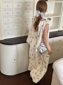 Hapijoa 2 件女童花卉荷叶边无袖上衣和裤子套装，夏季 - 白色 - 查看 1