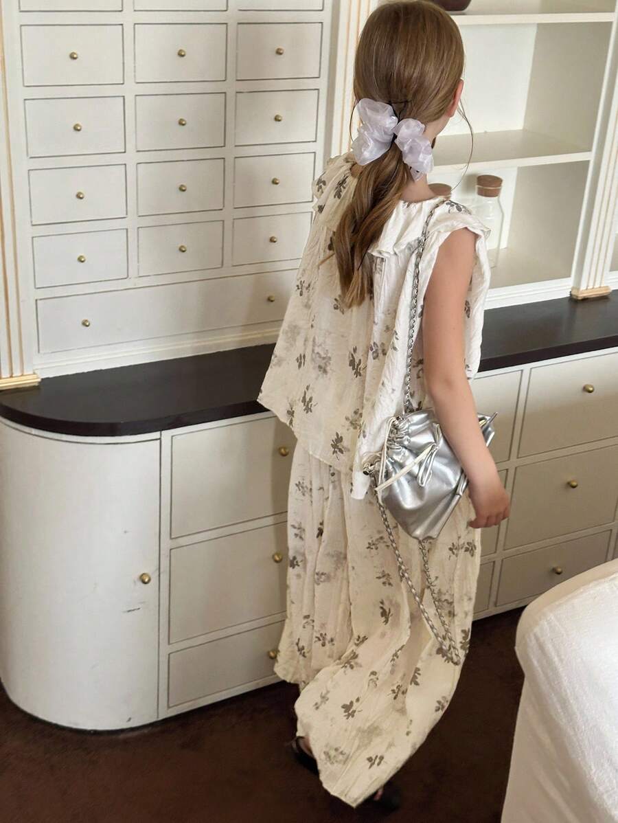 Hapijoa 2 件女童花卉荷叶边无袖上衣和裤子套装，夏季 - 白色 - 查看 1