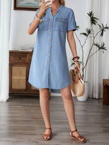 EMERY ROSE 女式V领单排扣短袖休闲宽松牛仔连衣裙