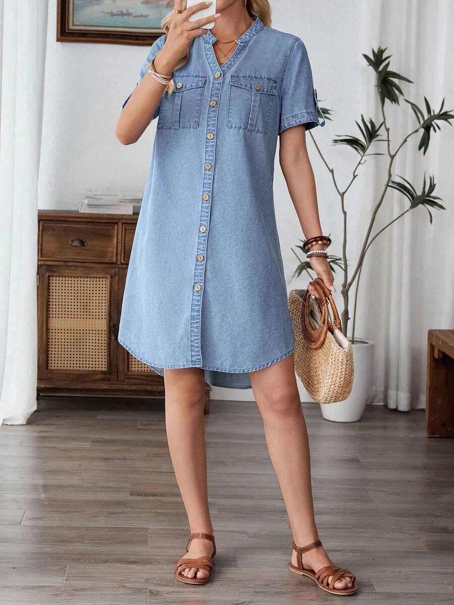 EMERY ROSE 女式V领单排扣短袖休闲宽松牛仔连衣裙