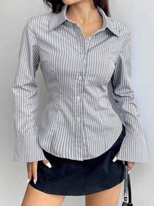 Flirla 女式单排扣休闲修身条纹衬衫 - 彩色 - 查看 6