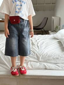 Girls' New Washed Loose Straight Leg Casual Denim Capri Pants, Simple And Versatile Design Suitable For Daily Wear Fall Winter - Dark Wash - View 4