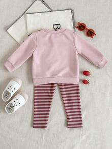 SHEIN Baby Girl Autumn Cute Fruit Embroidery Long Sleeve Top And Ribbed Leggings 2pcs Set - Pink - View 2