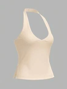 SHEIN BASICS 女式休闲纯色针织露背上衣 - 杏色 - 查看 7