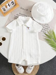 SHEIN 2pcs/Set Newborn Baby Boy/Girl Soft Casual Cute Textured Fabric White Short Sleeve Romper & Sun Hat Set, Knit Outfit Suitable For Indoor, Outdoor, Daily, Sports, Play, Party, Photo Shoot, Holiday, Spring/Summer