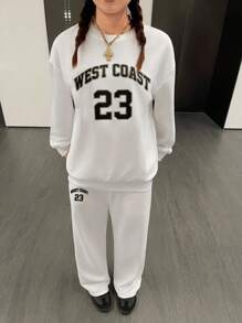 SHEIN Teenager Girls' Casual Comfortable Loose Fit Letter Graphic Crewneck Sweatshirt And Pants 2 Piece Set