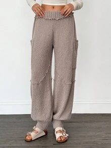 SHEIN Tall 女款純色荷葉邊褲腳鬆緊腰寬鬆口袋休閒針織褲，秋冬款荷葉邊長褲，適合高個女性 - 卡其色 - 查看 3