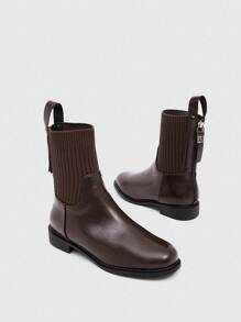 CUCCOO BIZCHIC 女士时尚英伦风格后拉链咖啡色弹力靴，圆头平底踝靴