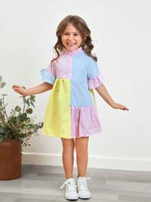 SHEIN Young Girl Striped Print Colorblock Flounce Sleeve Ruffle Hem Smock Dress