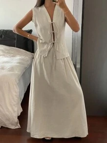 女士休闲通勤纯色系带吊带背心和半身裙两件套家居服套装 - 杏色 - 查看 4