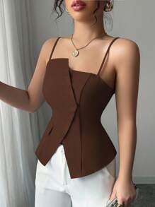 Elenzga 2025新款蓝色不对称设计时尚百搭通勤休闲束腰吊带背心 - 棕色 - 查看 3