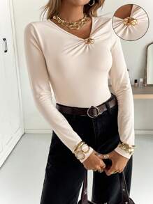 Siren Gaze 女士纯色褶皱不对称领修身优雅长袖 T 恤