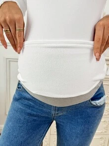 SHEIN Maternity Solid Color Fleece Contrast Lace Round Neck Long Sleeve Fitted T-Shirt - White - View 5