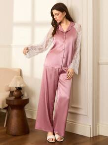 优雅成熟性感法式蕾丝缎面女士睡袍和睡袍套装，秋季服装 - 粉色 - 查看 2