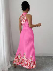 Elenzga 女式夏季优雅花卉宽松露背连衣裙 - 玫紅色 - 查看 2