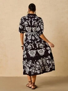 SHEIN VCAY Plus Size Women's Black & White Floral Print Mid-Sleeve Maxi Dress,Boho Elegant Summer Vacation Holiday V-Neck Shirt Collar Waist Cinched A-Line Midi - Black and White - View 4
