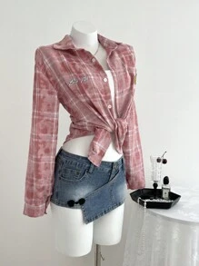 Elamini Quần short denim viền bất đối xứng có túi và nút cho nữ - Màu xanh lam - Xem 3