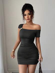 INAWLY Women's Elegant Sexy Asymmetrical Neck Metal Buckle Ruched Mini Dress, Suitable For Vacation, Date, And Commute - Black - View 8