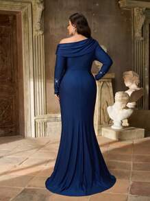 Aureia Plus Size Autumn And Winter Elegant And Gorgeous Dark Blue Asymmetrical Shoulder Long Sleeves With Hot Diamond Cuffs Design Pleated Slim Fishtail Hem With Train Suitable For Dinner Wedding Event Party Dance Date Holiday Evening Dress, Valentine's Day - Blue - View 5