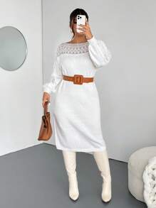 Firerie Vestido de suéter de encaje y parches de talla grande para mujer en otoño/invierno - Albaricoque - Ver 5