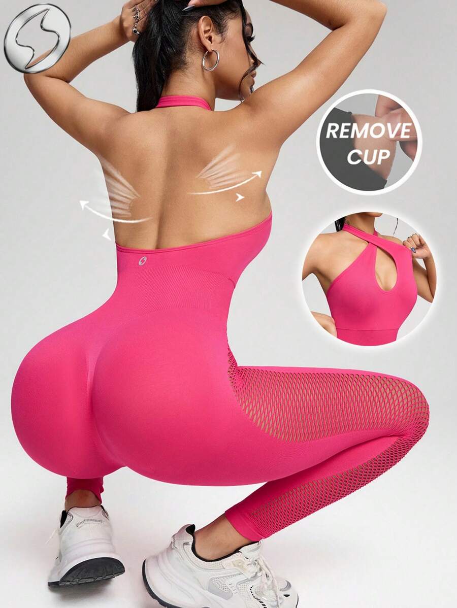 Innovista Hot Pink Summer Sexsy Woman Seamless Workout Jumpsuit Built-In Bra Gym Stretchy Yoga Romper Backless Mesh Cutout Breathable Tummy Control Workout Suit - Hot Pink - View 1