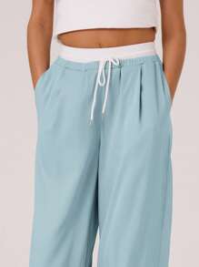 MUSERA Pantalones a medida con cinturón de contraste tejido, estilo casual y lindo de los años 90 y Y2K, ideal para vacaciones, días festivos, otoño, invierno y vuelta al colegio - Azul - Ver 5