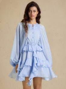 Briarwyn 女式条纹纽扣设计灯笼袖荷叶边下摆时尚连衣裙 - 淺藍色 - 查看 2